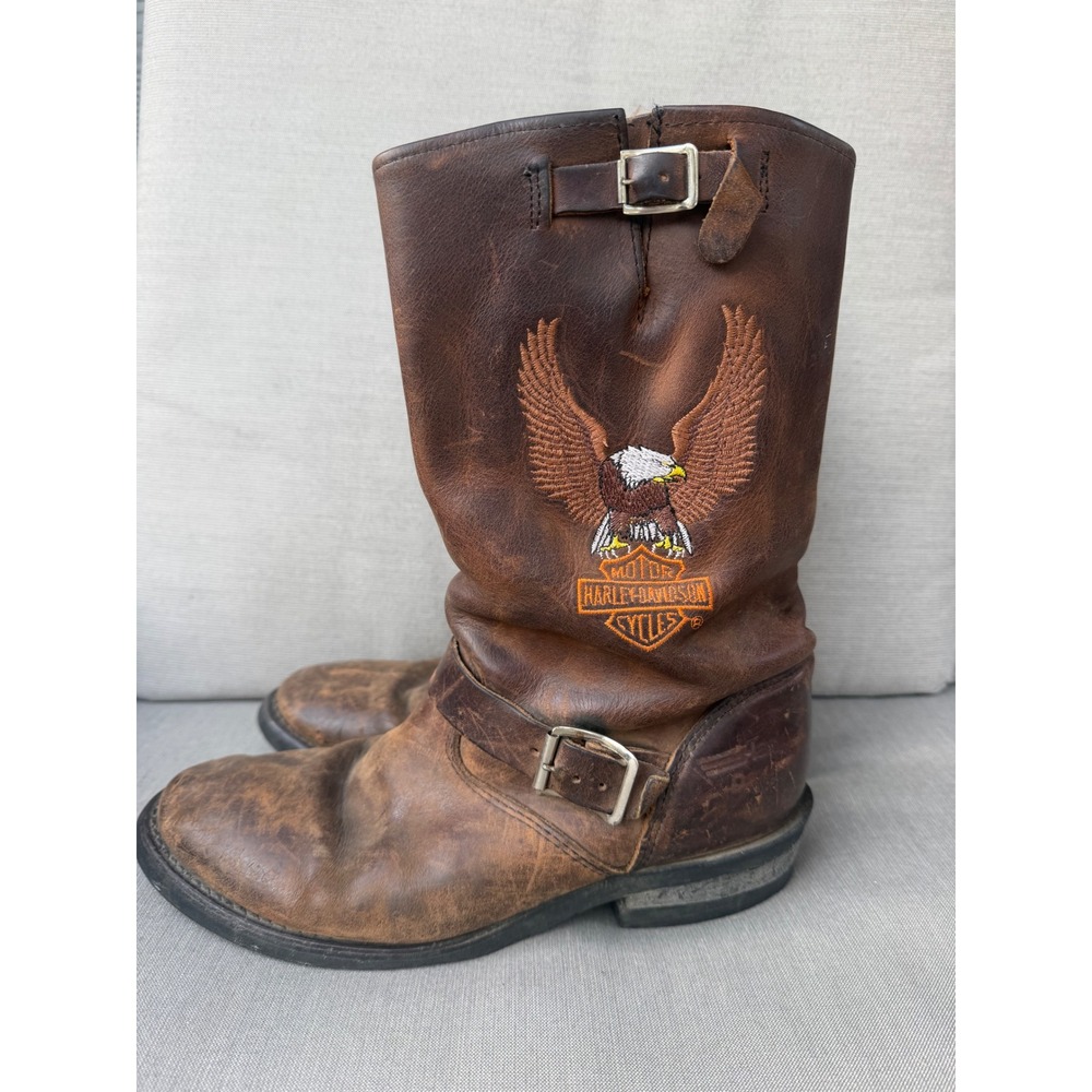 Vintage Harley Davidson Brown Leather Eagle Engineer Boots Distressed 8.5D AS IS